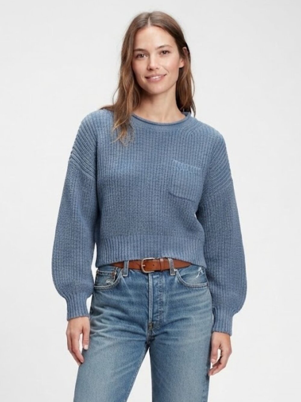 GAP Shaker Pocket Sweater Bainbridge Blue Cotton Knit Size XS